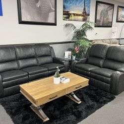 2PC Charcoal Sofa & Loveseat w/ Power Recliners 