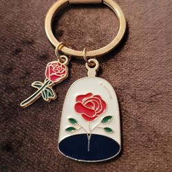 Beauty And The Beast  Theme Keychain. Red Rose Keychain. Llavero