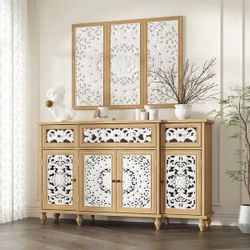 Rustic Carved Wood Sideboard Cabinet, Kitchen Cabinet
