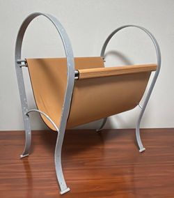 Mid Century Modern MCM Metal And Leather Magazine Rack Firewood Holder