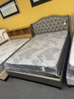 Queen Size Bed Frame - Champagne PU W/ Tufted HB