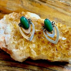 1950’s Sterling Silver And Green Calcite Screw Back Earrings Made In Mexico