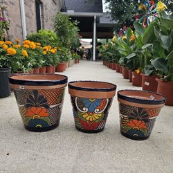 Talavera Blue Terracota Rim Set Of 3 Vases. Clay Pots, Planters,Plants, Pottery. $75 cada set de 3
