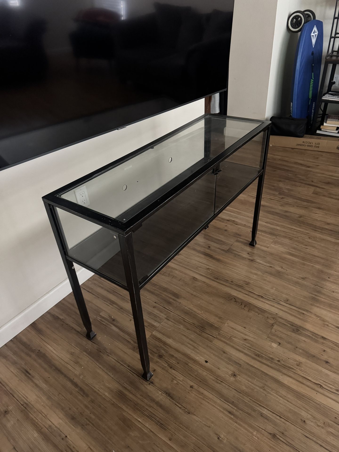 Industrial glass + metal console table 