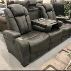 By Ashley Gray Leather Turbulance Power Reclining Sofa / Couch ⚫️ Brand New ✔️ $39 Down Payment 📣