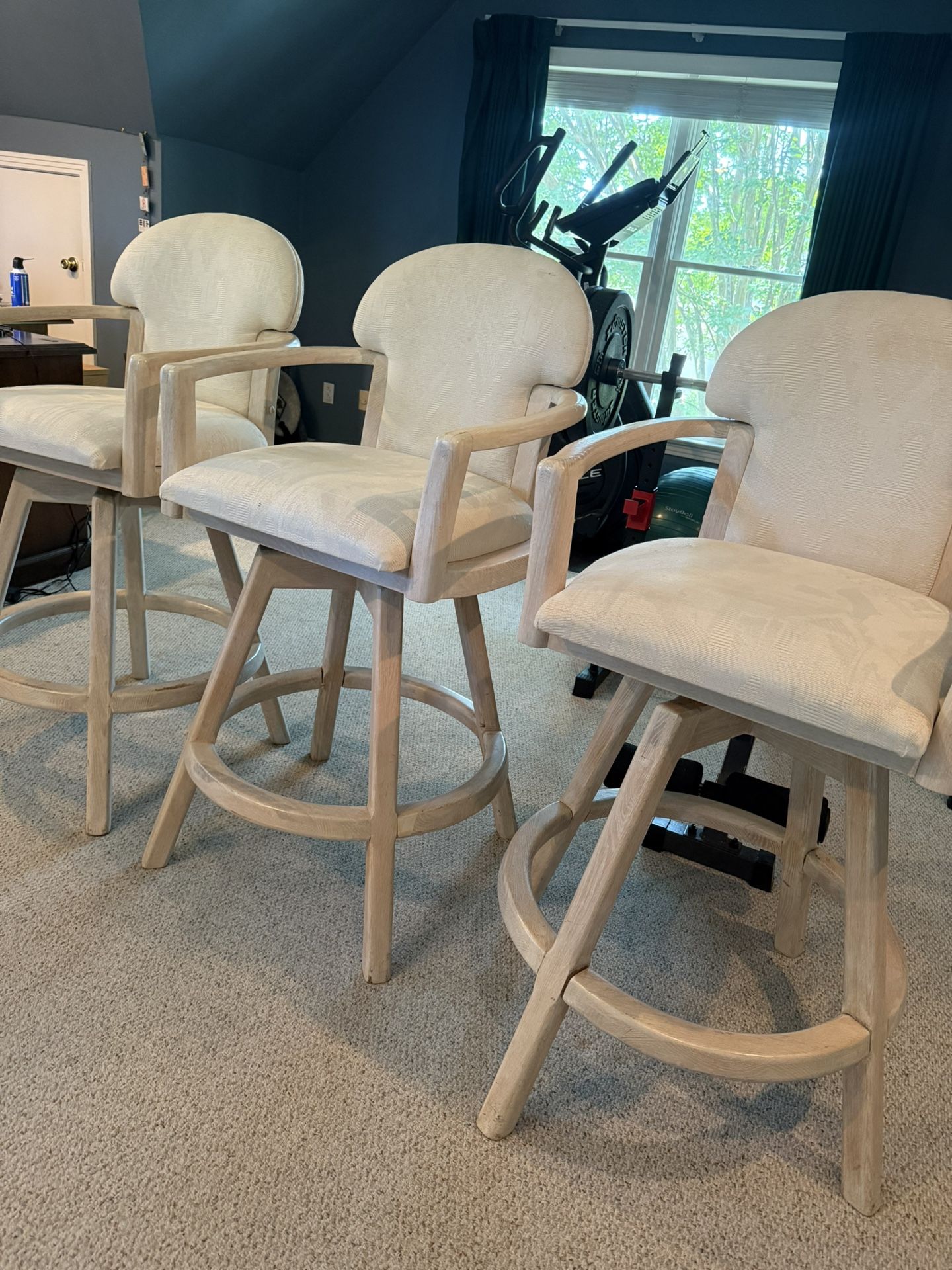 Barstools (3) Swivel, Heavy Solid Wood, White Wash, Off-White Fabric Very Heavy $125 For All 3