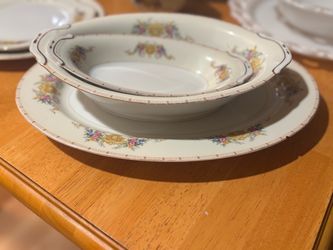 Vintage Floral Porcelain Plate and Serving Bowl Set