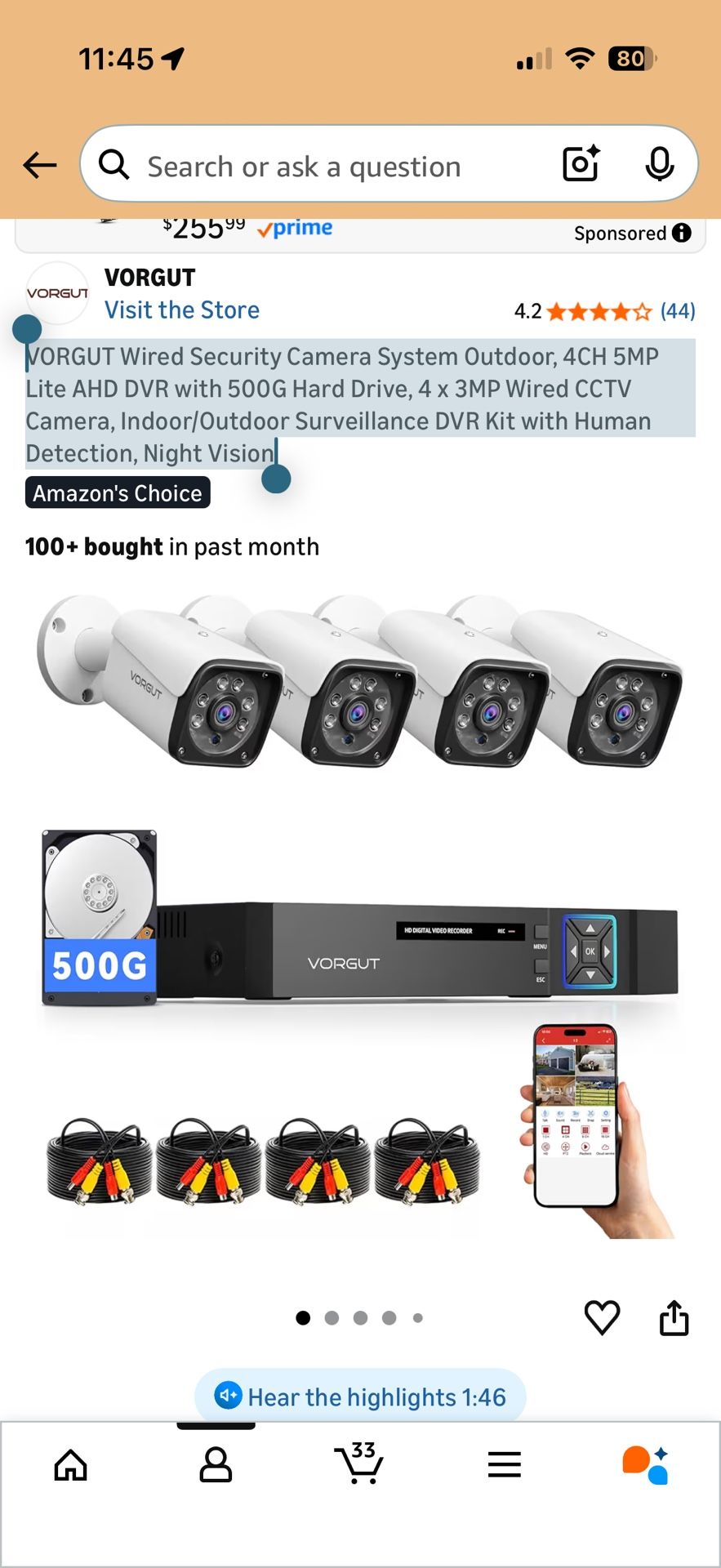 VORGUT Wired Security Camera System Outdoor 4CH 5MP Lite AHD DVR with 500G Hard Drive 4 x 3MP Wired CCTV Camera Indoor/Outdoor Surveillance DVR Kit
