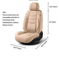 Beige Car Seat Covers Full Set, Breathable Leather Automotive Front and Rear Seat Covers & Headrest.
