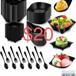 Mini Appetizer Plates Halloween, 200 Pcs Disposable Dessert Plates with Spoons Fork, Plastic Appetizer Bowls for Party（Mini Black