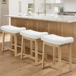 Counter Height Bar Stools Set of 3, 24 Inch Backless Upholstered Counter Stools with Solid Rubberwood Legs, Modern Farmhouse Saddle Stools for Kitchen
