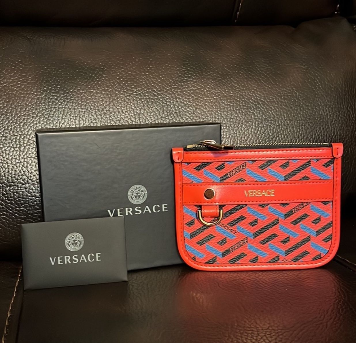 Versace la greca logo red leather small clutch / belt pouch