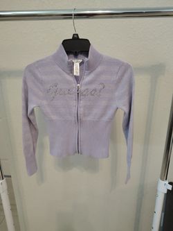 purple Guess cardigan,  full-zip closure, rhinestone-embellished branding, and a shimmering, striped knit fabric, girls, size 8-10
