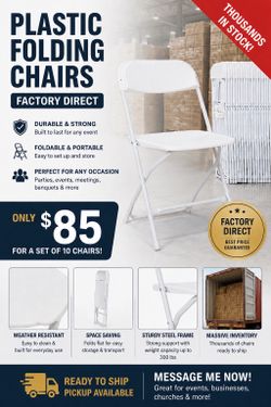 White Plastic Folding Chairs – Set of 10 – $85