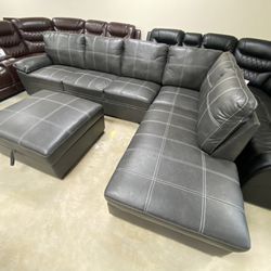 FREE DELIVERY AND INSTALLATION - 3-Piece Gray Leather Sectional Chaise W\Chest Ottoman (BRAND NEW)