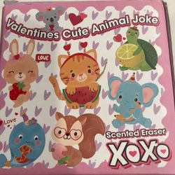 28 pc Valentine's cute animal joke box with scented eraser