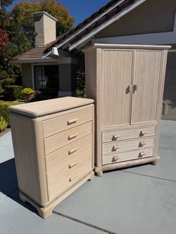 Vintage 1980s Set Coastal Style Cream Pencil Reed Highboy Dresser & Pencil Reed Bamboo Texture Armoire