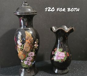 2 piece Asian motif vase and canister
