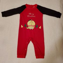 Merry Christmas Baby Dinosaur Romper | Red & Black Raglan One-Piece | 3-6 Months