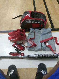 Easton HMX SL 17 X 35 32" 27oz 1.15 BPF bat NIKE gloves NIKE trout 10.5 cleats Easton bat pack baseball pants Nike base ball pants belts