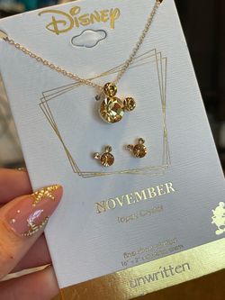 Disney Silver Plated November Topaz Birthstone Mickey Mouse Earring Necklace Set
