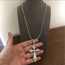 Silver Plated Crystal Cross Pendant Long Necklace 