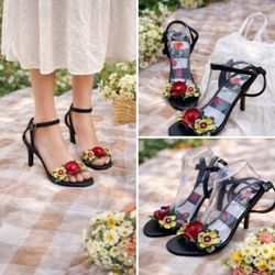 MIX No. 6 Aeradia Heels Size 9 Black Floral 3D Flower Ankle Strap Garden Sandals