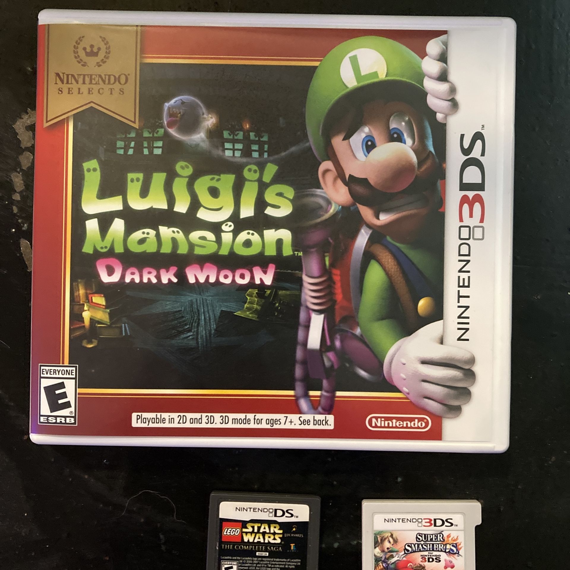 Luigi’s Mansion Dark Moon, Super Smash Bros, and Lego Star Wars. 3ds