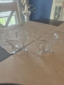 Vintage Heisey Queen Anne Empress Sugar/Creamer Set, Crinoline Etch #502, Signed Dolphin Feet