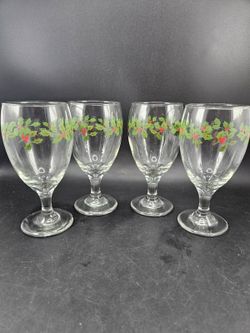 4 Vintage Libbey Christmas Holly Berry Water Goblets Footed Glassware Holiday