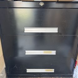 Three-drawer black metal filing cabinet with lock & key for sale!!!