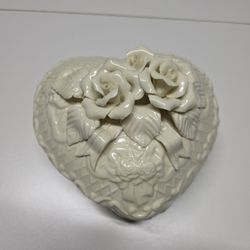 Heart Shape Bisque Porcelain Jewelry Box, Keepsake, Trinket with Rose Design