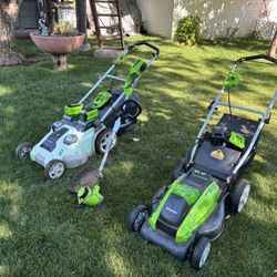2 lawnmowers and weedwacker/ weedeater