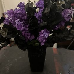 Black & Purple Flowers With Black Vase