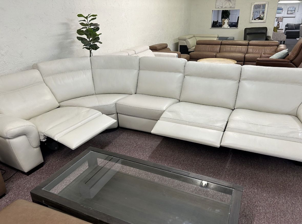 Furniture- Natuzzi 5 Pc Real Leather Sectional With 3 Power Recliners- Julius