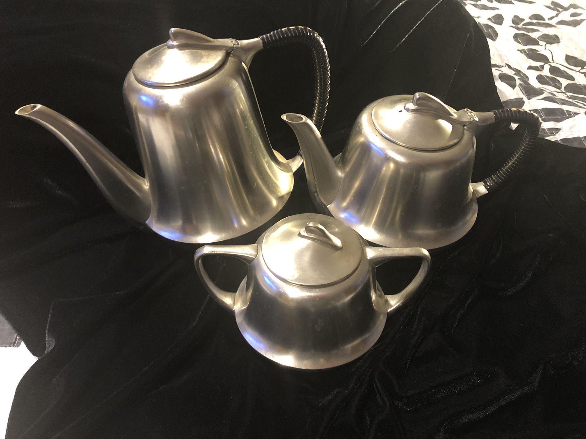 Vintage Metawa Holland Pewter Rattan Wrapped Handle Coffee Teapot Sugar Bowl Set