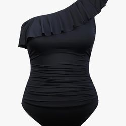 Women's One Piece Swimsuit One Shoulder Ruffle Tummy Control Bathing Suit Modest Slimming Swimwear Flattering Monokini（size 6）