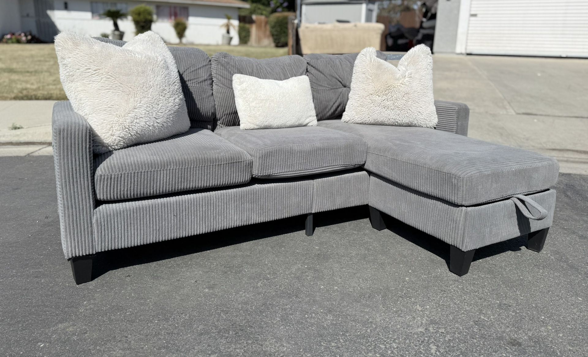 Gray corduroy Sectional with Storage Ottoman Delivery AVAILABLE 🚚