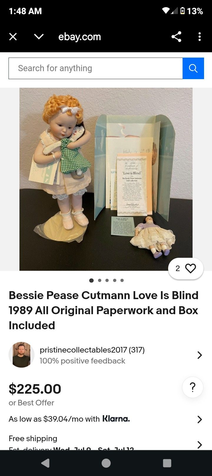 Bessie Pease Cutmann Love Is Blind 1989 All Original Paperwork and Box Included
