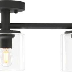 Open Box 3-Light Semi Flush Mount Ceiling Light, Industrial Pendant Fixture with Glass Shade