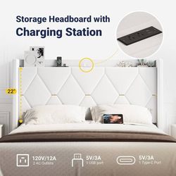 Queen Upholstered Bed Frame with Wingback Storage Headboard & Charging Station,