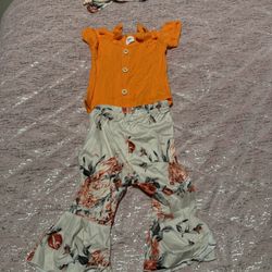 Baby's Flower Pattern 2pcs Trendy Summer Outfit, Bowknot Decor Ribbed Bodysuit & Flower Pattern Flared Pants Set, Toddler & Infant Girl's Clothes For 