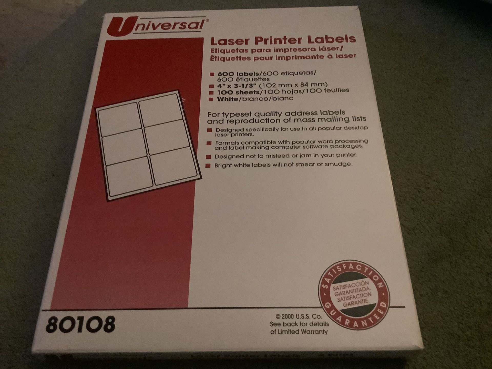 Universal Laser Printer Labels 100 Sheets New In Box