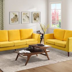 2 PIECE SOFA LOVESEAT SET YELLOW VELVET COUCH SET