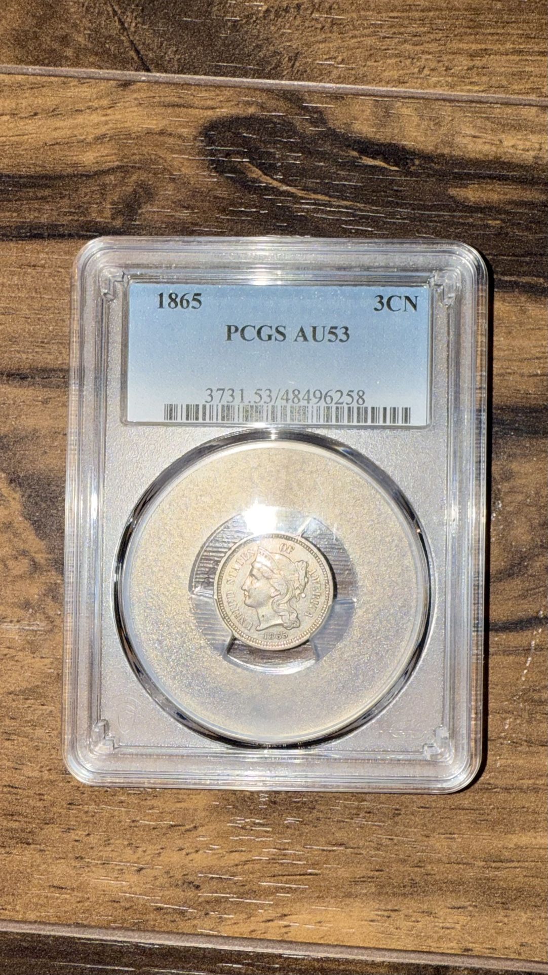 1865 lII Cent ,PCGS -AU53