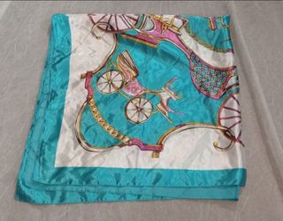 Teal Satin Scarf with Carriage Print