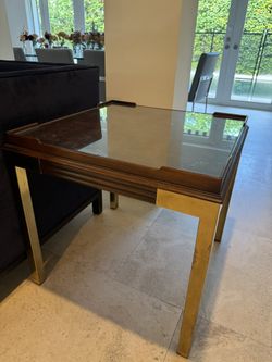 Pair of Vintage Brass & Walnut Side Tables with Glass Tops