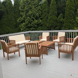 Outdoor patio wood 8 piece conversation set, 2 loveseat with 4 chairs and 2 coffee table