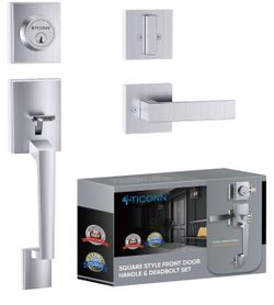 TICONN Front Door Handle Set, Heavy Duty Square Door Lever & Single Cylinder Deadbolt Combo Reversible for Entrance Exterior Doors (Satin Chrome)