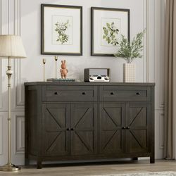 Farmhouse Cabinet with Adjustable Shelf, 4-Doors 2-Drawers Kitchen Buffet Cabinet Wood Sideboard for Dining Room Living Room, Dark Brown